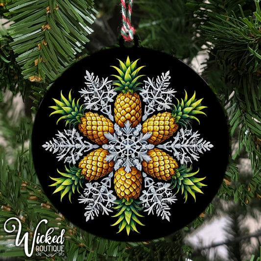 Upside-down pineapple snowflake ornament. Subtle swinger lifestyle holiday decor with a crisp white design on durable material.