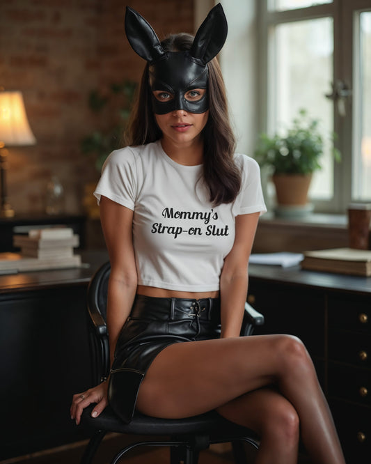 Woman in leather and a bunny mask wearing a white crop top with “Mommy’s Strap-On Slut” printed on it. Femdom kinkwear for submissive play and pegging dynamics.