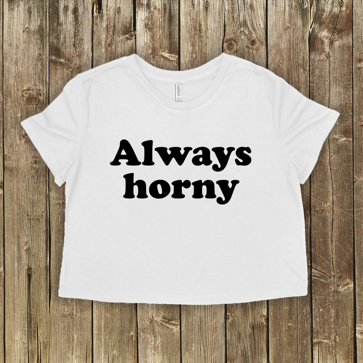 White crop top with bold “Always Horny” graphic. Bratty submissive shirt for kinky women who are playful, insatiable, and unapologetically bold.