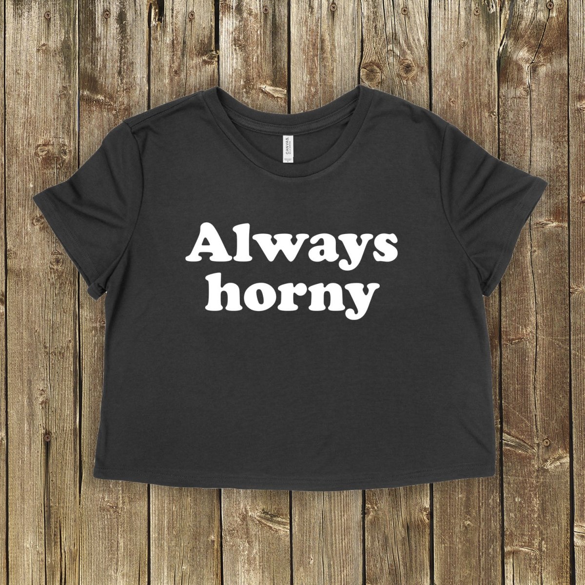 Black crop top with bold “Always Horny” graphic. Bratty submissive shirt for kinky women who are playful, insatiable, and unapologetically bold.