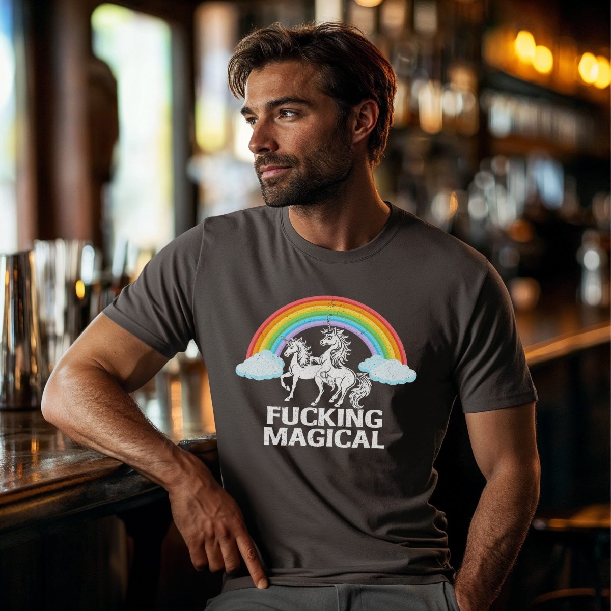 Unisex t-shirt featuring a graphic of two unicorns having sex doggystyle under a rainbow. Funny, NSFW novelty shirt for adults with a twisted sense of humor.