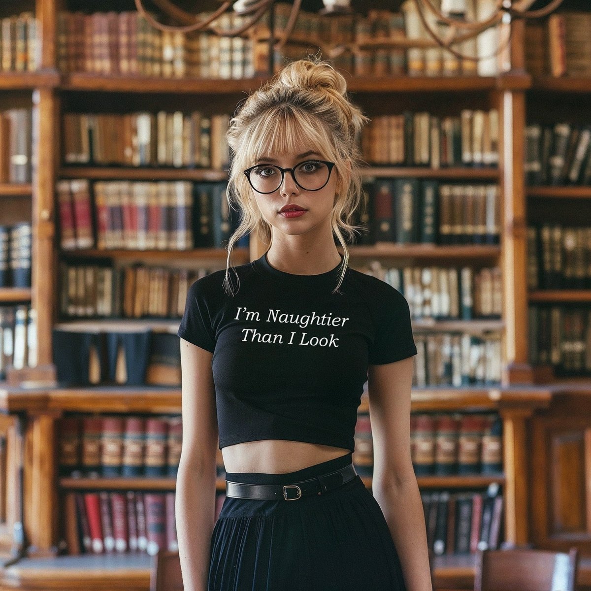 Black crop top with “I’m Naughtier Than I Look” printed in bold white text. Bratty kink shirt for flirty subs and playful switches.