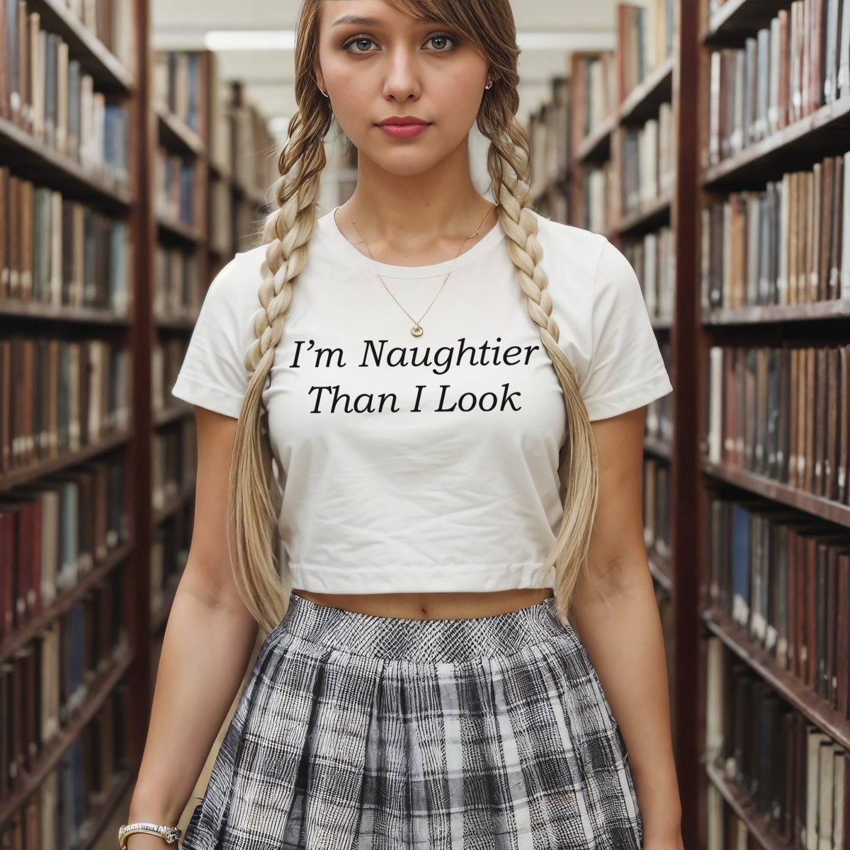White crop top with “I’m Naughtier Than I Look” printed in bold black text. Bratty kink shirt for flirty subs and playful switches.