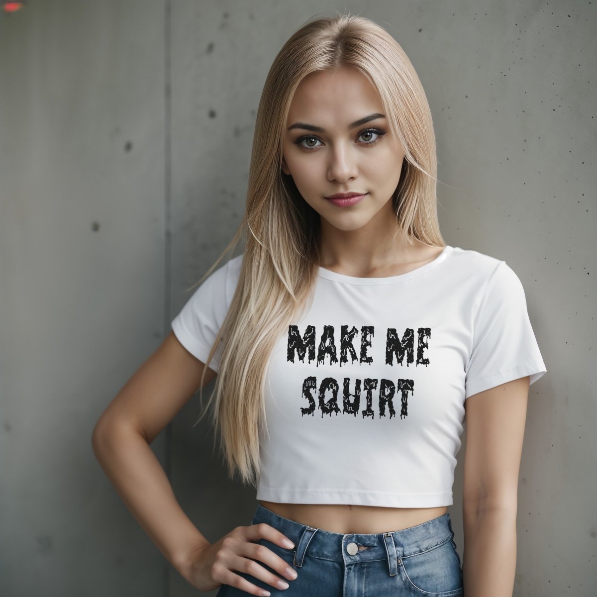 White crop top with “Make Me Squirt” printed in bold black text. Kinky, submissive lifestyle shirt for overstimulation lovers and bratty subs.