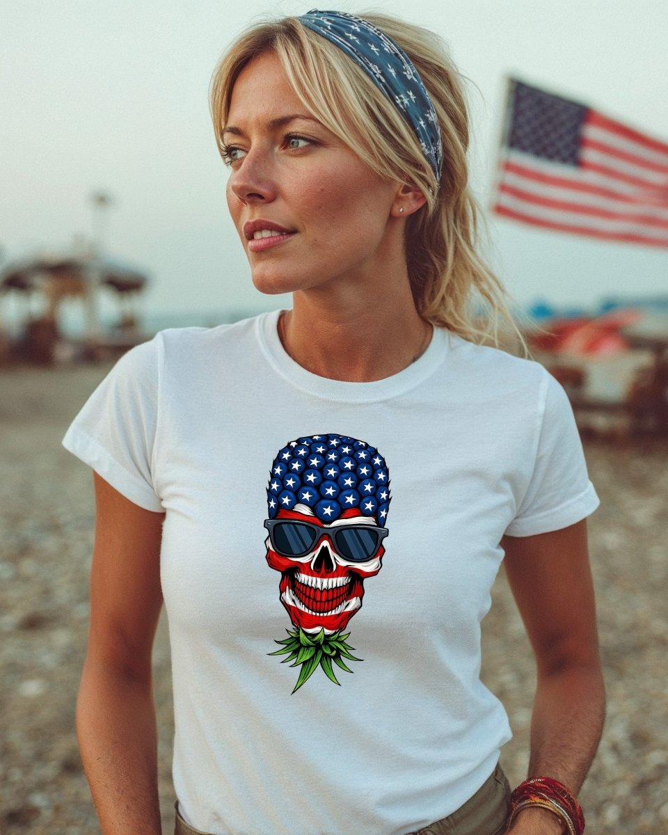Patriotic Skull T-Shirt – USA Flag Pineapple Skull Graphic Tee