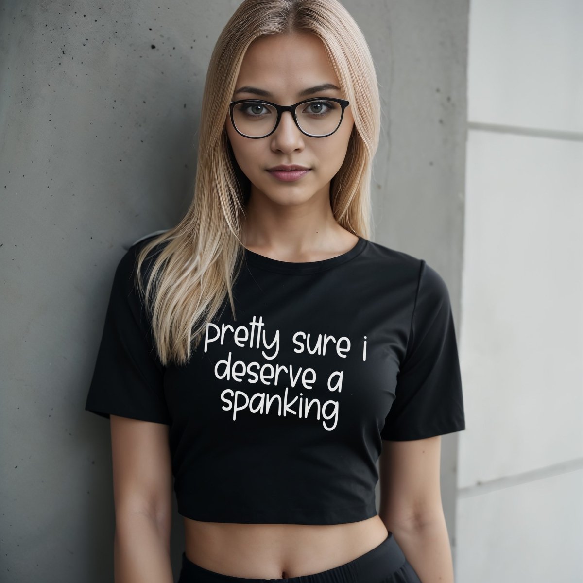 Black crop top with “Pretty Sure I Deserve a Spanking” in bold white text. Bratty kink shirt for submissive play and punishment teasing.