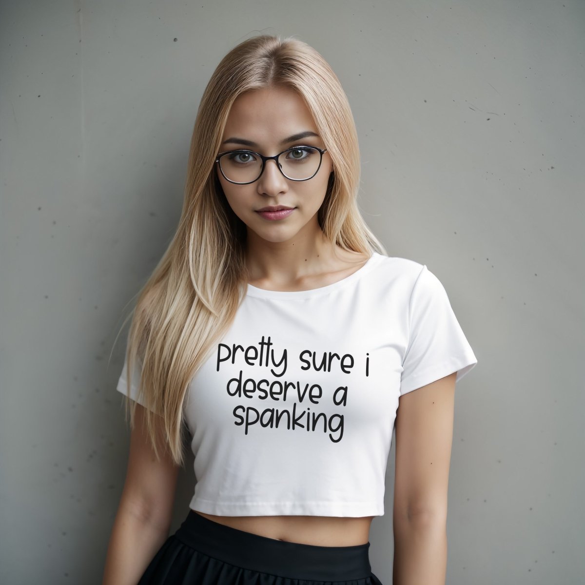 White crop top with “Pretty Sure I Deserve a Spanking” in bold black text. Bratty kink shirt for submissive play and punishment teasing.