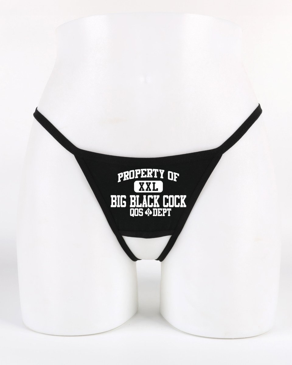 Crotchless thong with bold “Property of BBC” text across the front — provocative and kinky lifestyle panty from Wicked Boutique®