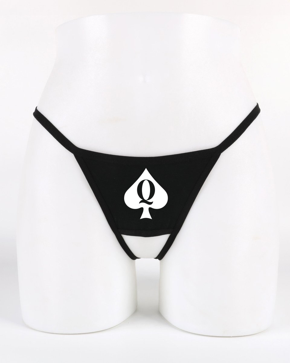 Black crotchless thong with white “Q♠” Queen of Spades graphic — daring kinky lifestyle lingerie from Wicked Boutique®