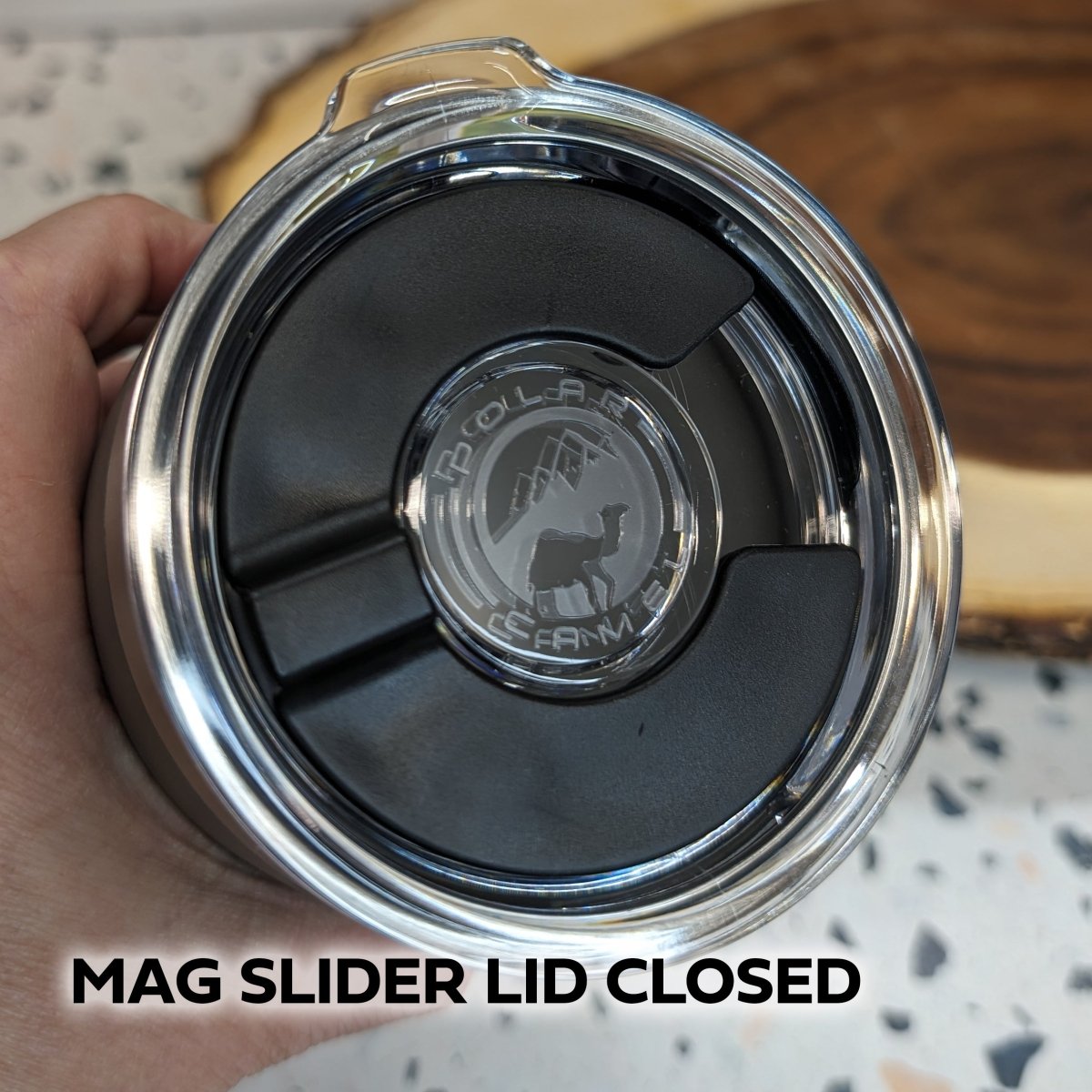 Stainless steel tumbler top view mag slider