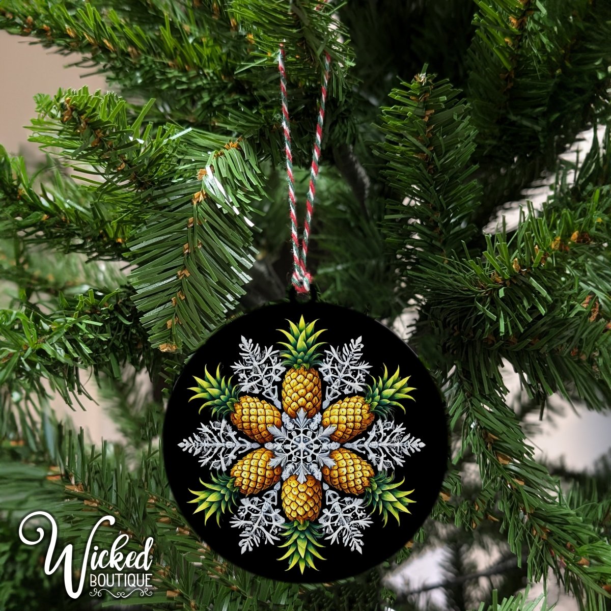 Upside-down pineapple snowflake ornament. Subtle swinger lifestyle holiday decor with a crisp white design on durable material.