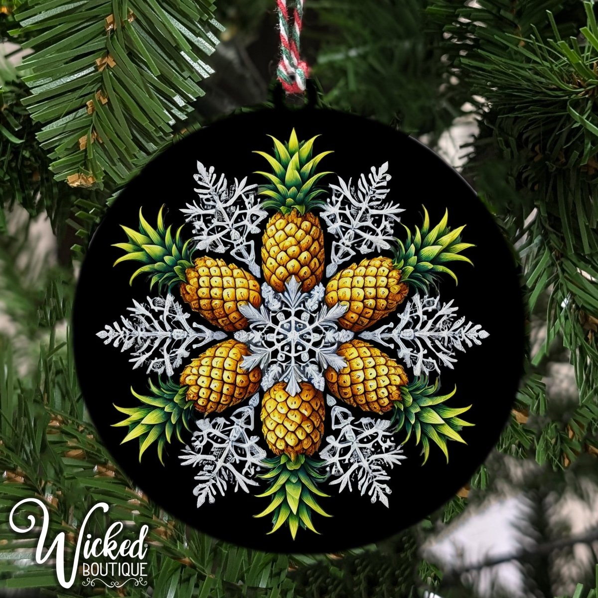 Upside-down pineapple snowflake ornament. Subtle swinger lifestyle holiday decor with a crisp white design on durable material.