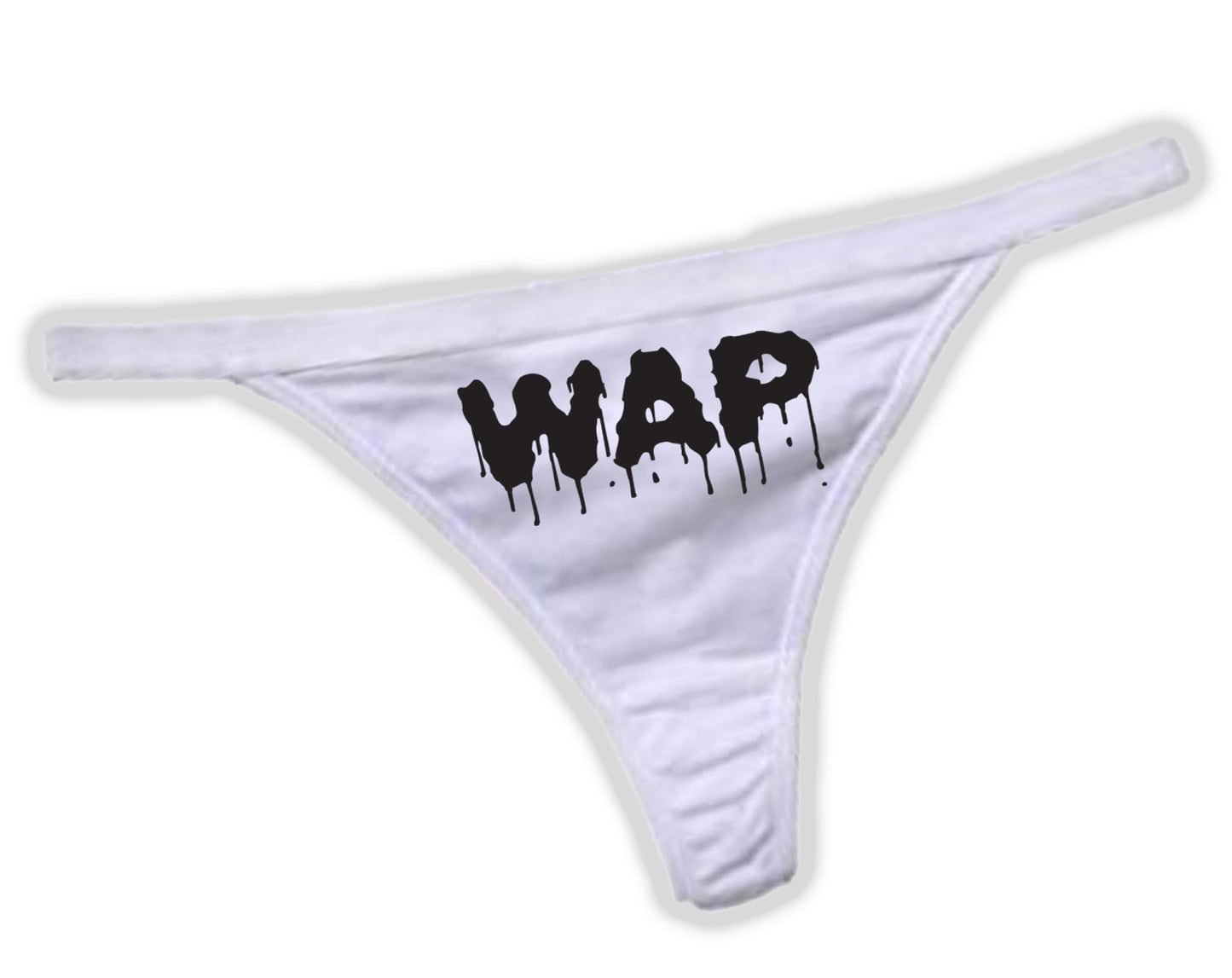 A pair of white panties with black vinyl dripping the word WAP on the front
